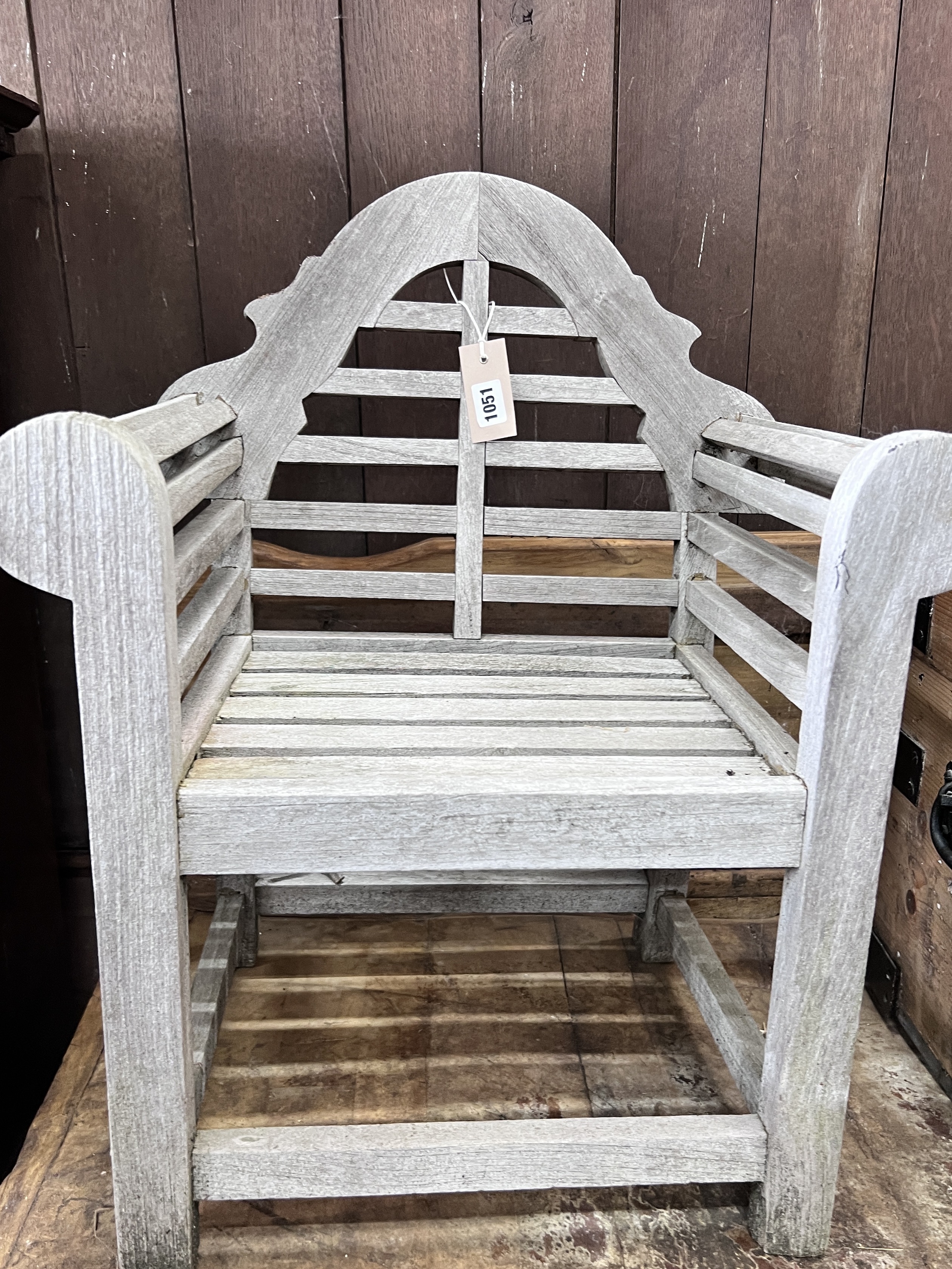 A Lutyens style weathered teak child's garden chair, width 48cm, depth 32cm, height 62cm